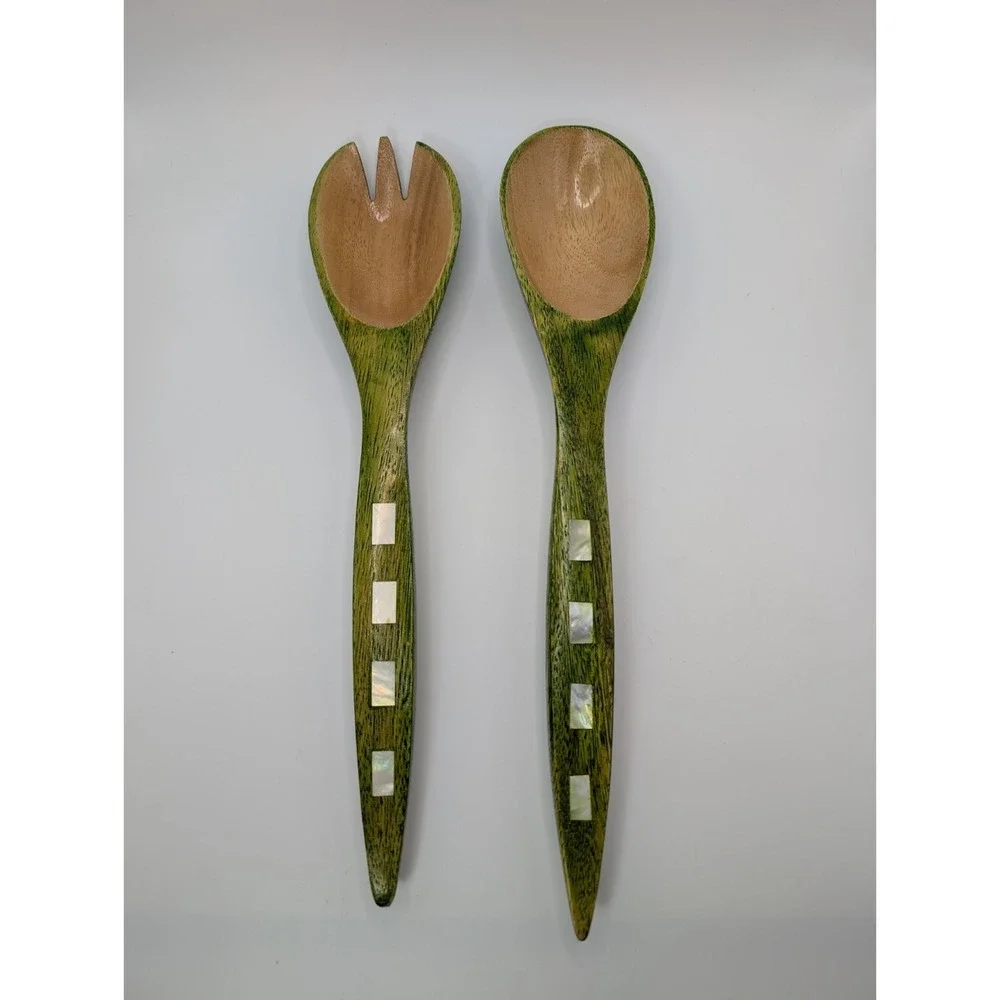 Philippines Wood Salad Servers Mother of Pearl Inlay Green 13.5